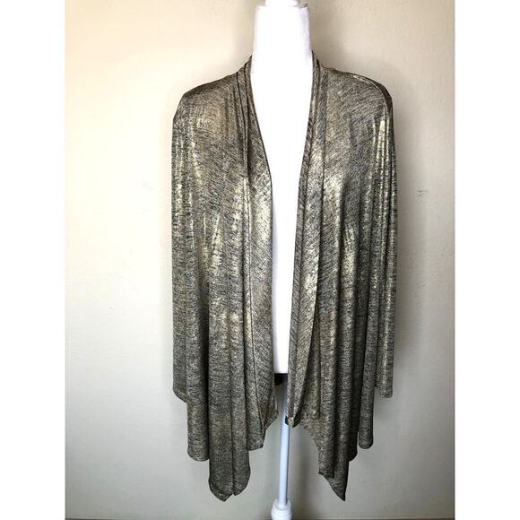 Calvin Klein Open Front Long-sleeve Cardigan Gold Metallic Draped Elegant Sz: L - Picture 1 of 14